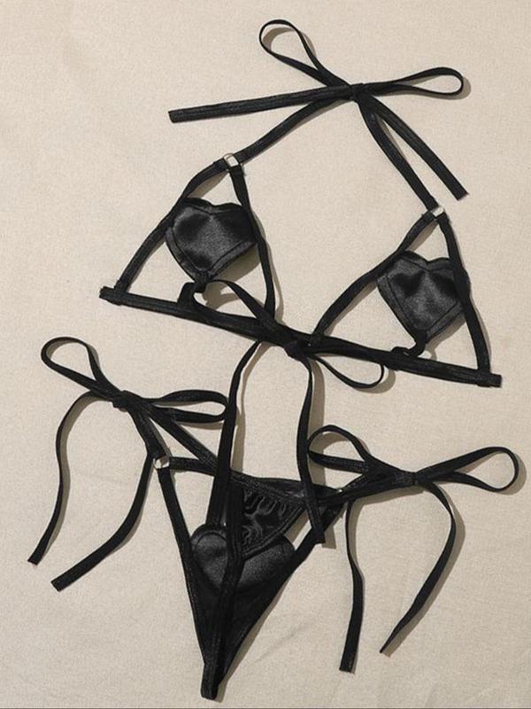 Women's Heart Design Cut Out Ring Linked Sexy Lingerie Set, Chic Sexy Halter Neck Tie Back Bra & Tie Side Thong Set, Ladies Underwear Set for Indoor Wear