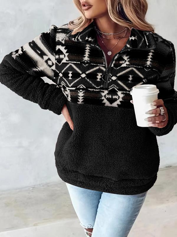 Women's Geometric Print Zip Up Plush Sweatshirt, Casual Long Sleeve Pullover for Fall & Winter, Women's Clothes for Daily Wear