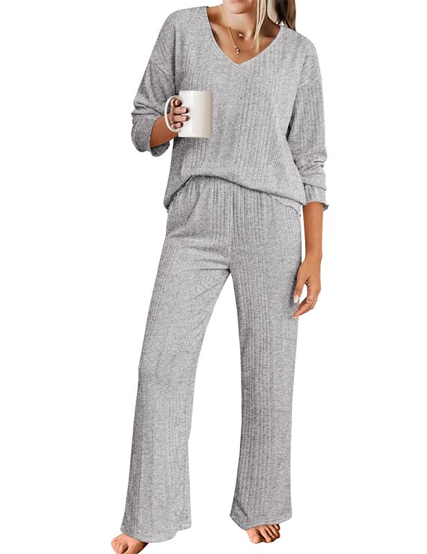 Ekouaer Women's Ribbed Knitted V-neck Long Sleeve Top and Wide Leg Pants Casual Pajama Set 2-piece Set Casual Pajama Set