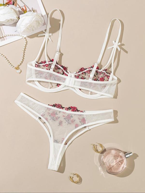 Women's Floral Embroidery Sheer Sexy Lingerie Set, Girly Clothes, Adjustable Strap Bow Decor Underwire Bra & Thong, Summer Wear 2024, Soft Comfy Breathable Lingerie Set, Women's 2 Piece Sets 2000s Wear