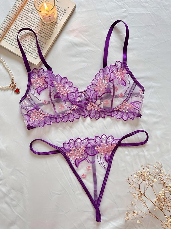 Women's Floral Embroidery Sexy Lingerie Set, Adjustable Spaghetti Strap Bra & Sheer Thong Two-piece Lingerie Wear Set, Lingerie & Underwear Set for All Seasons,  Sleepwear, Nightwear, Sexy Lingeries