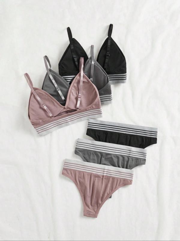 Women's Colorblock Striped Tape Bra & Panty Set, Adjustable Strap Wireless Bra & Panty Set, Soft Comfy Breathable Underwear Set for Women