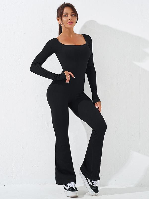 Women's Solid Square Neck Sports Flare Leg Jumpsuit, Sporty Comfy Long Sleeve Bell Bottom Tummy Control Jumpsuit for Yoga Gym Workout, Ladies Sportswear for Fall & Winter