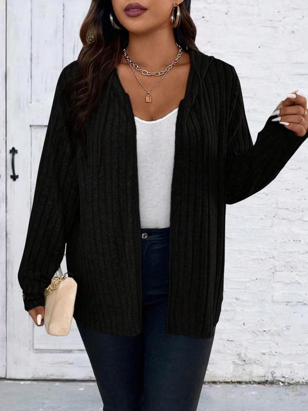  Plus Plain Drawstring Zipper Hooded Coat, Casual Long Sleeve Outerwear For Fall, Women's Clothes For Daily Wear