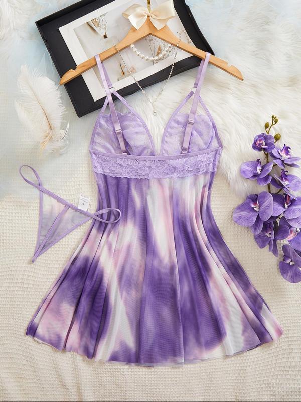 Women's Tie Dye Print Contrast Floral Lace Cami Nightdress & Thong Two-piece Set, Adjustable Spaghetti Strap Bow Decor Nightgown & Panty, Sleepwear Set for Women