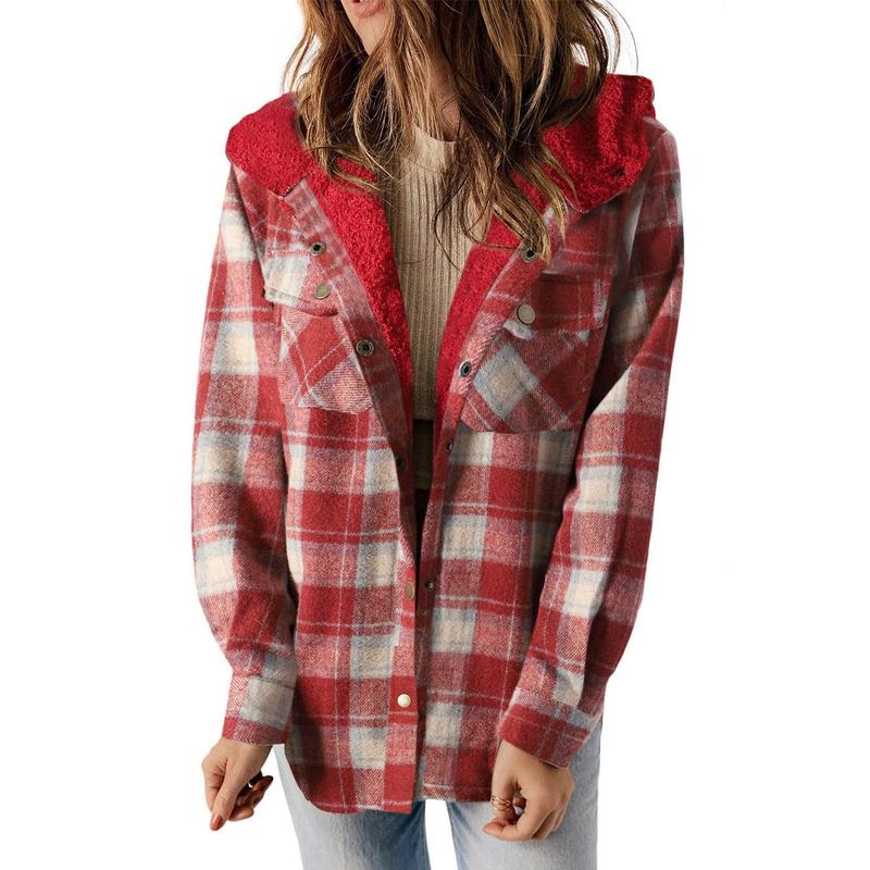 Dokotoo Womens Plaid Shacket Jacket Long Sleeve Button Down Fleece Hooded Jackets Warm Coat