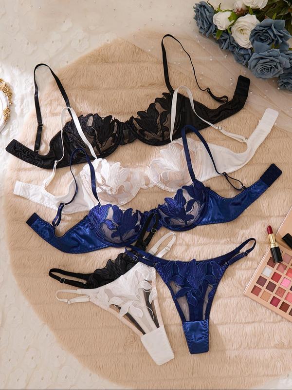 Women's Floral Embroidery Sheer Mesh Lingerie Set, Elegant Adjustable Strap Underwire Push Up Bra & Thong, Soft Comfy Breathable Lingerie Set for Women