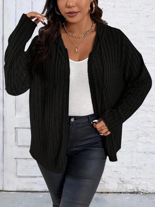  Plus Plain Drawstring Zipper Hooded Coat, Casual Long Sleeve Outerwear For Fall, Women's Clothes For Daily Wear