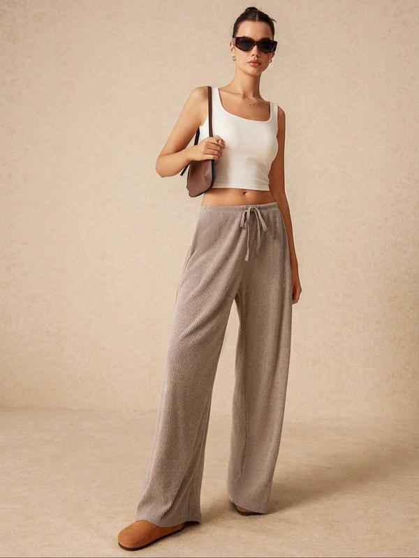 Women's Plain Drawstring Waist Wide Leg Pants, Casual Comfy Pants for Spring & Fall, Women's Bottoms for Daily Wear