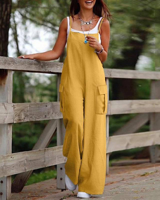Chicme Spaghetti Strap Pocket Design Suspender Jumpsuit Casual Fit Sleeve Womenswear