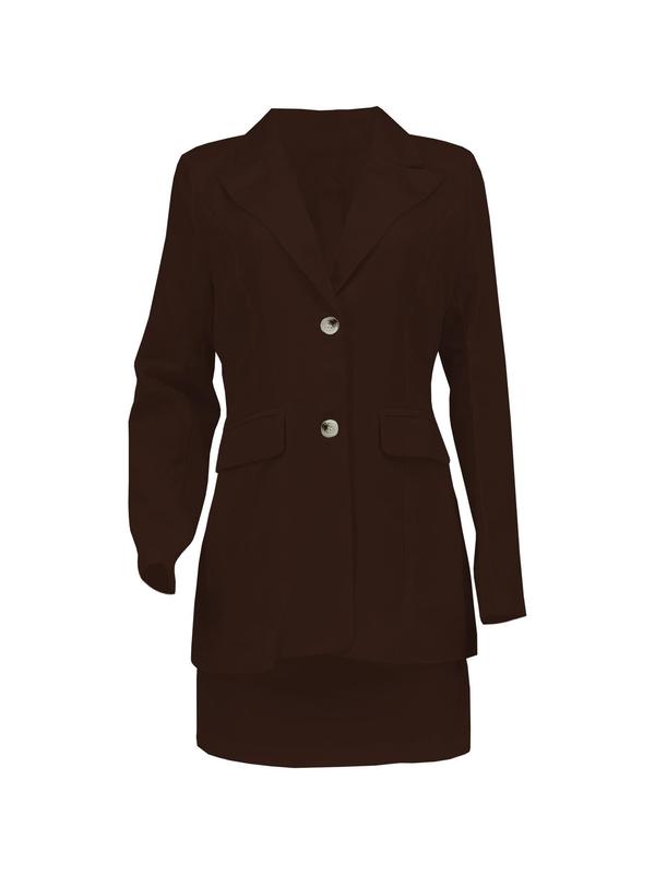 Women's Solid Button Front Blazer & Skirt Two-piece Set, Long Sleeve Outerwear & Short Dress, Casual Business Outfits for Work Office