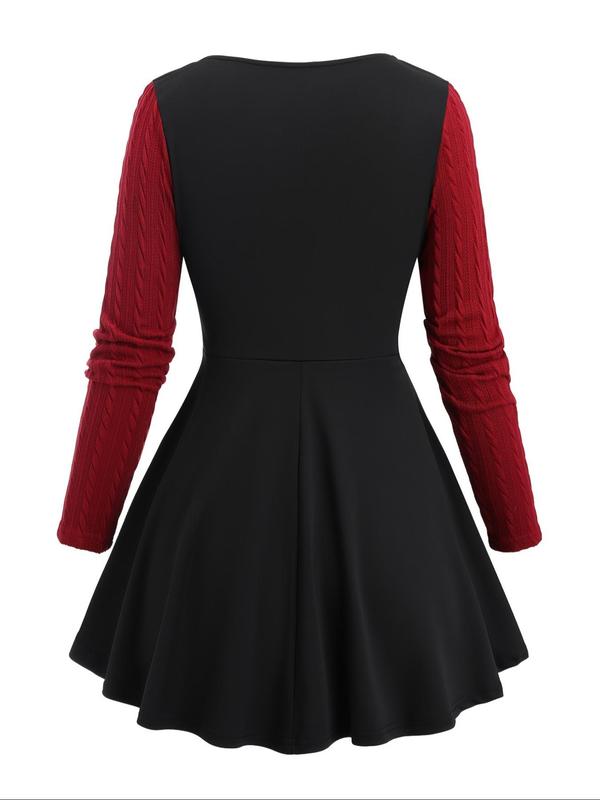  Colorblock Scoop Neck Ribbed Sweater Dress, Casual Long Sleeve Dress for Fall & Winter, Women's Clothes for Daily Wear
