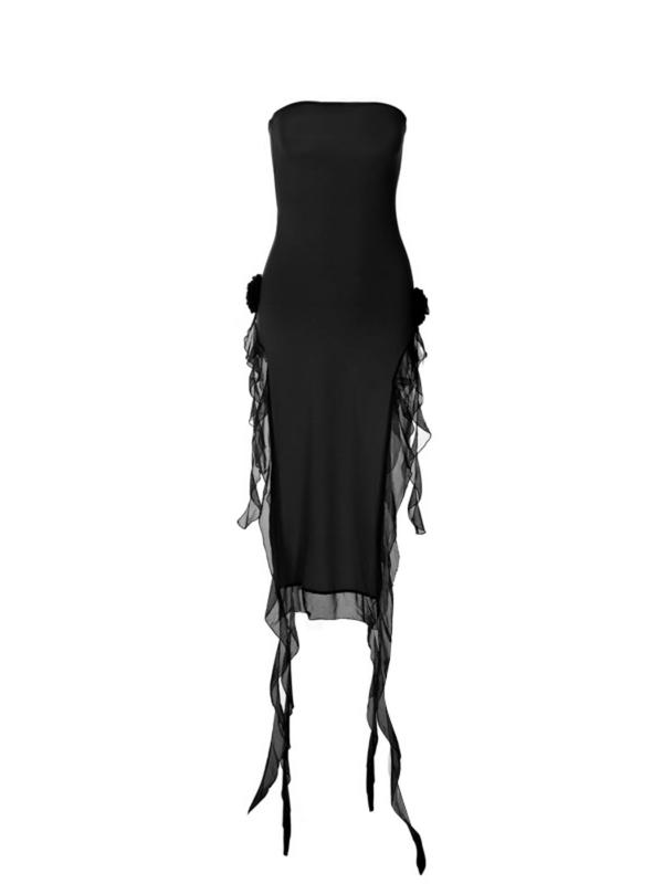 Women's Basic Asymmetrical Hem Ruffle Hem Sleeveless Split Thigh Tube Dress, Dress in Club for Women Birthday Outfit, Lady Solid 3d Flower Design Strapless Midi Dress, Womenswear, Women's Back To School Dress Office Siren Outfit