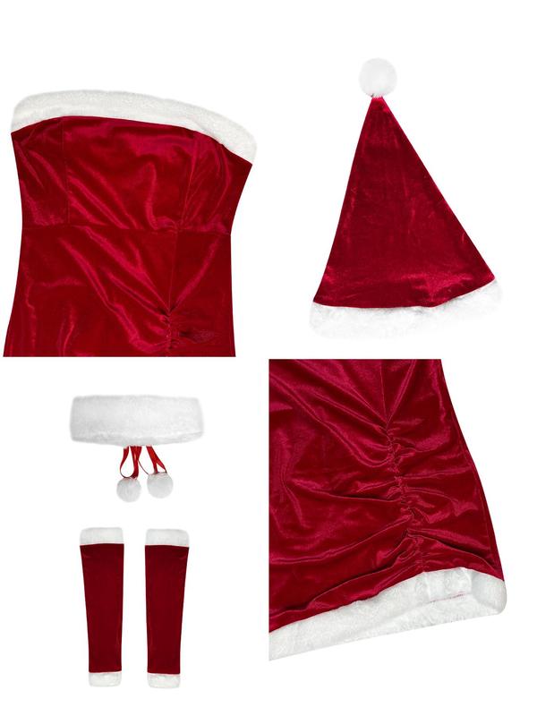 Women's Christmas Contrast Binding Pom Pom Decor Ruched Sexy Costumes Set, Cute Hat & Choker & Sleeves & Tube Dress, Women's Sexy Costume Set for Party Holiday