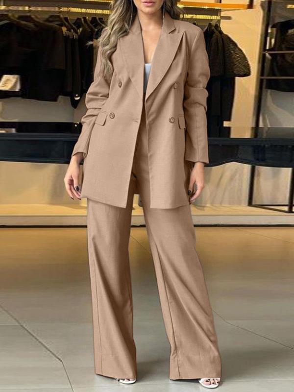 Two-piece Set Women's Solid Double Button Lapel Neck Blazer & Plicated Pants, Long Sleeve Outerwear & Trousers for Work Office Business, Ladies Fall & Winter Clothes, Minimalist Womenswear