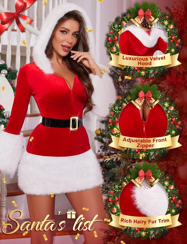 RSLOVE  Women's Mrs. Santa Claus Costume Hooded Long Dress Christmas Outfit for Cosplay Xmas Par