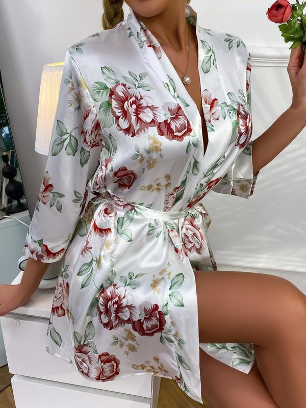 Women's Floral Print Belted Soft Satin PJ Robe, Summer Clothes Women, Elegant 3 4 Sleeve PJ Loungewear For Spring & Summer, Fashion Casual Women's Sleepwear For Indoor Wear