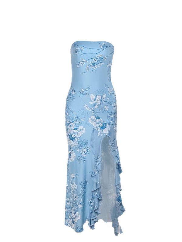 Women's Floral Print Ruffle Trim Split Thigh Bodycon Dress, Elegant Strapless Long Dress for Party Holiday Wedding Guest, Ladies Summer Clothes