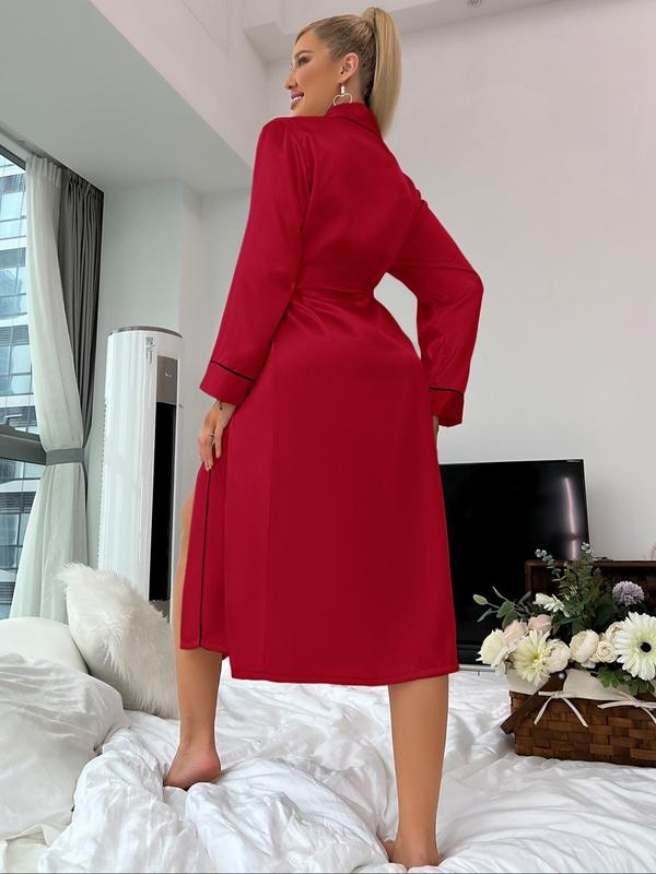 Women's Solid Contrast Binding Belted Lounge Robe, Casual Cozy Drop Shoulder Long Sleeve V Neck Satin Midi Robe for Home Wear, Ladies Sleepwear for All Seasons