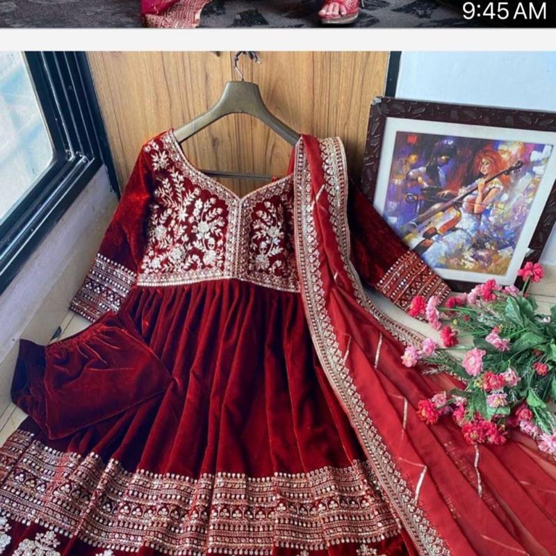 Maroon Velvet Anarkali Kurtha Set with Shawl for Women
