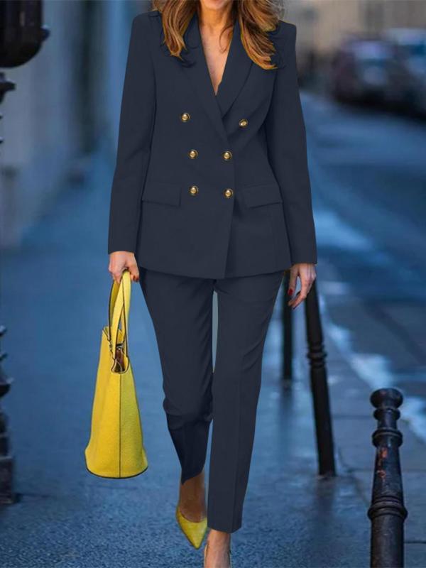 Two-Piece Set Women's Plain Double Button Lapel Blazer & Elastic Waist Suit Pants Set, Elegant Fashion Casual Outfits for Work Office Business, Ladies Fall & Winter Clothes