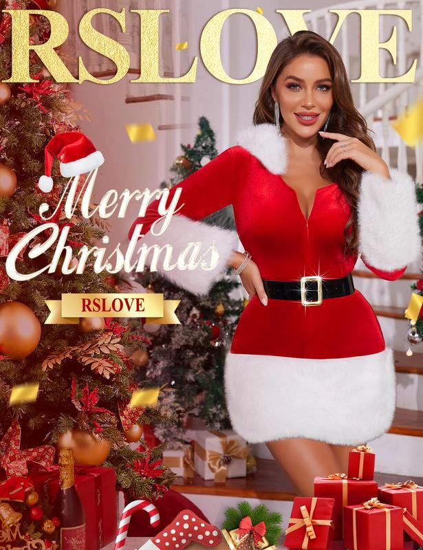 RSLOVE  Women's Mrs. Santa Claus Costume Hooded Long Dress Christmas Outfit for Cosplay Xmas Par