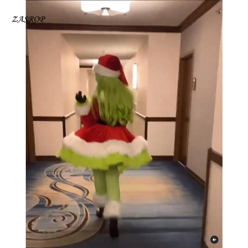 Women´s Christmas Green Monster Cosplay Costume Long Sleeve Santa Dress Belt Hat Sets Light Womenswear