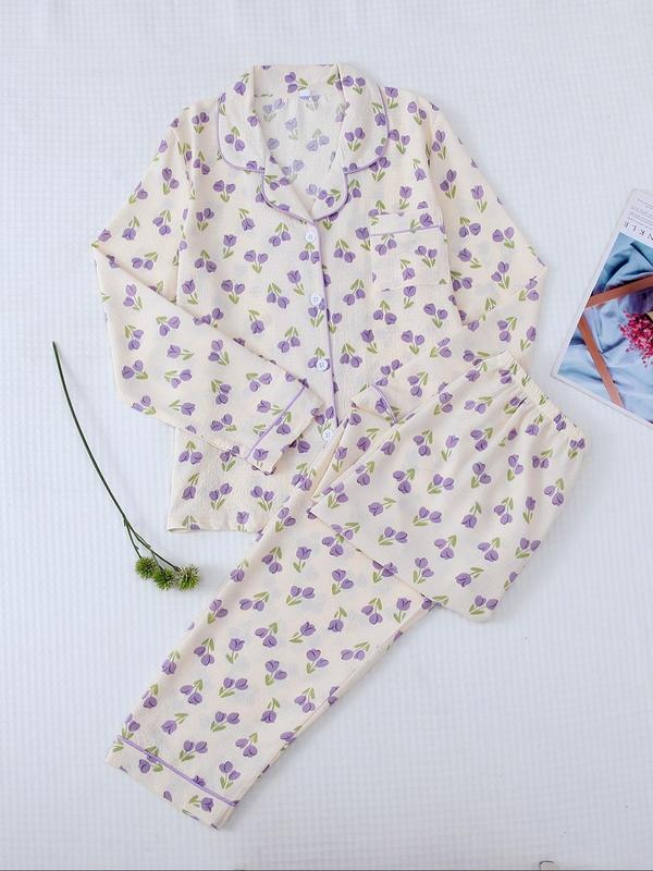 Women's Strawberry Print Lapel Collar Button Front Shirt & Elastic Waist Pants Pyjama Two-piece Set, Casual Long Sleeve Pocket Top & Trousers Pj Set, Pajama Sets Women, Lady Comfort Lounge Set Sleepwear for Spring & Fall, Fall Wear, Fallfreshness