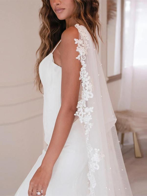 Faux Pearl Decorated Wedding Jacket, Elegant Lace Trim Long Sleeve Wedding Jacket for Women & Girls, Wedding Party Gown Cover Up