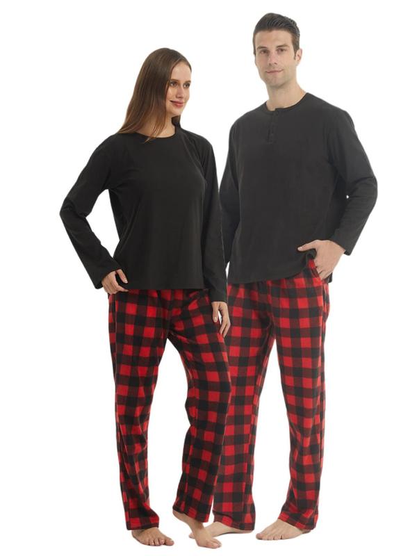Couple's Christmas Theme Plaid Print Pajama Two-piece Set, Casual Comfy Long Sleeve Top & Drawstring Waist Pants PJ Set, Couple Sleepwear for Fall & Winter Halloween Pajamas