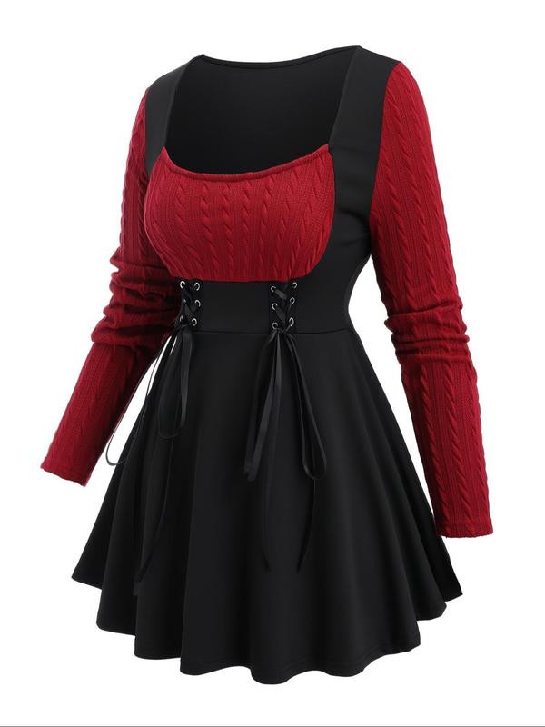  Colorblock Scoop Neck Ribbed Sweater Dress, Casual Long Sleeve Dress for Fall & Winter, Women's Clothes for Daily Wear