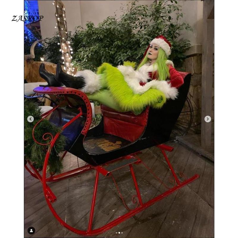 Women´s Christmas Green Monster Cosplay Costume Long Sleeve Santa Dress Belt Hat Sets Light Womenswear