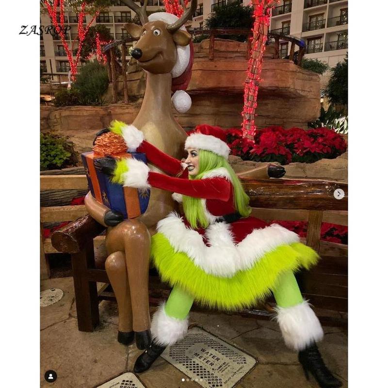 Women´s Christmas Green Monster Cosplay Costume Long Sleeve Santa Dress Belt Hat Sets Light Womenswear