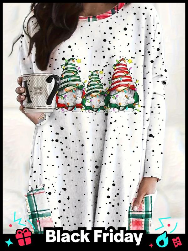  Christmas Print Pocket Round Neck Dress, Casual Long Sleeve Crew Neck Dress for Fall & Winter, Women's Clothes for Daily Wear