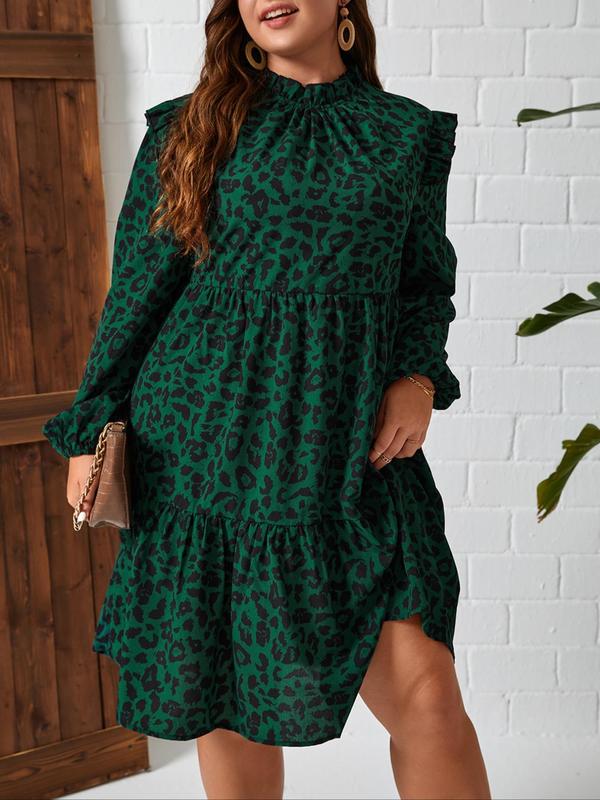 Leopard Print Bishop Sleeve Smock Dress, Elegant Long Sleeve Stand Collar Dress for Women, Women Clothing for Fall & Winter