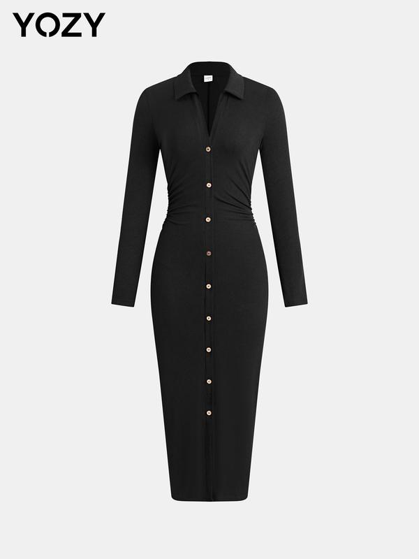 YOZY [4-14] Plain V Neck Collared Ribbed Bodycon Dress, Elegant Ruched Long Sleeve Button Front Long Dress, 2024 Women's Spring & Fall Outfits for Daily Wear, [S-XXL]