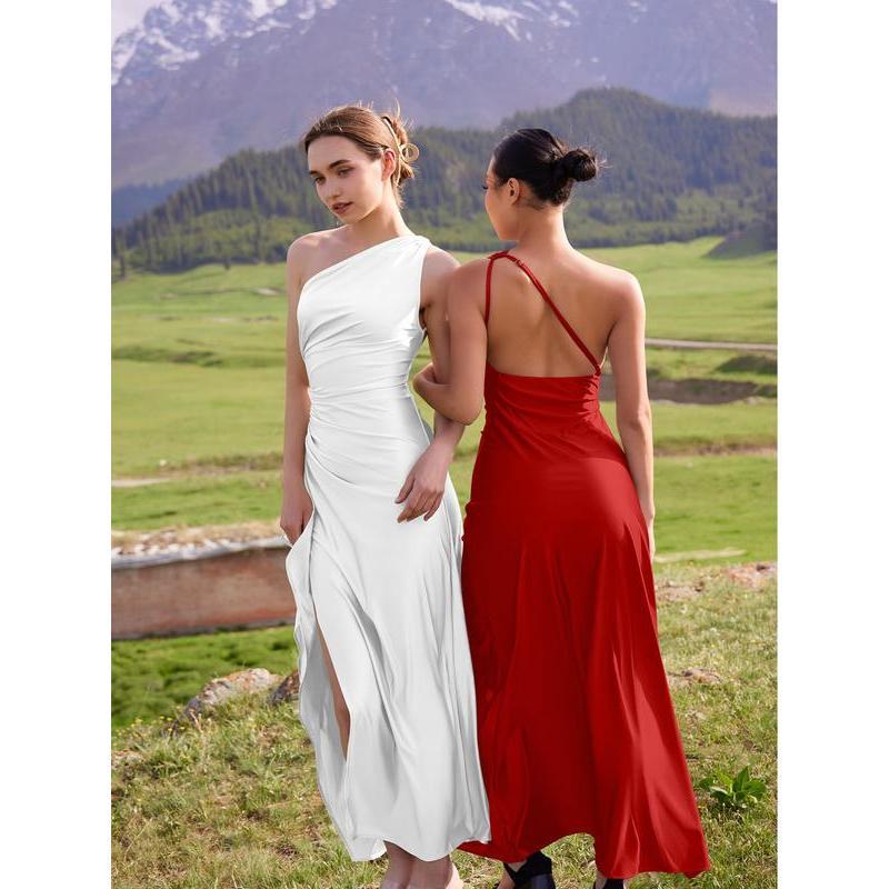 Women's Sexy One Shoulder Satin High Split Cocktail Fit Wedding Party Maxi Formal Dress