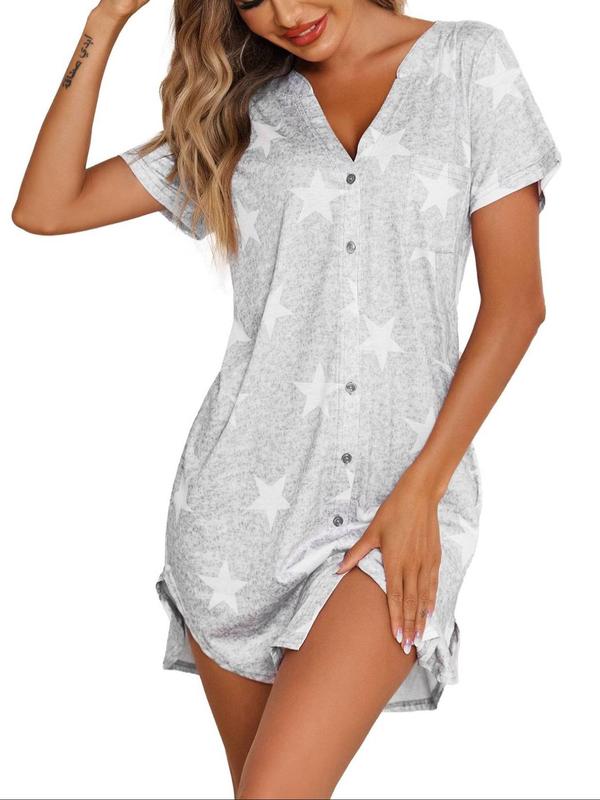 Women's Plain Button Pocket V Neck Nightdress, Casual Short Sleeve Nightgown for Summer, Soft Comfy Sleepwear for Women
