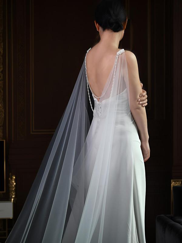 Faux Pearl Decor Contrast Mesh Wedding Jacket, Elegant Removable Backless Wedding Party Gown, Women's Wedding Dress Cover