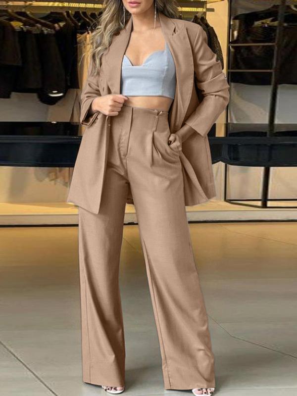 Two-piece Set Women's Solid Double Button Lapel Neck Blazer & Plicated Pants, Long Sleeve Outerwear & Trousers for Work Office Business, Ladies Fall & Winter Clothes, Minimalist Womenswear