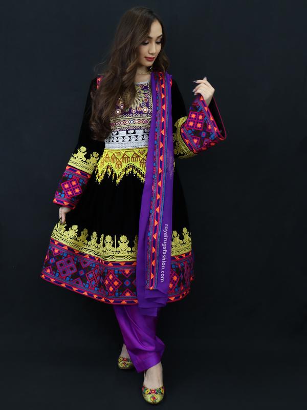 Purple And Black Velvet Gand E Afghani With Handmade Yellow Chirma #2008