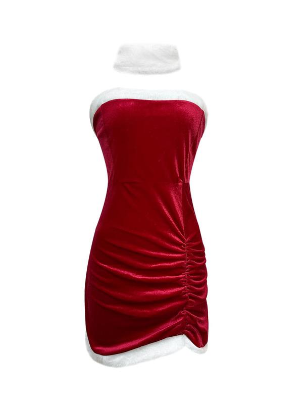 Women's Christmas Contrast Binding Pom Pom Decor Ruched Sexy Costumes Set, Cute Hat & Choker & Sleeves & Tube Dress, Women's Sexy Costume Set for Party Holiday