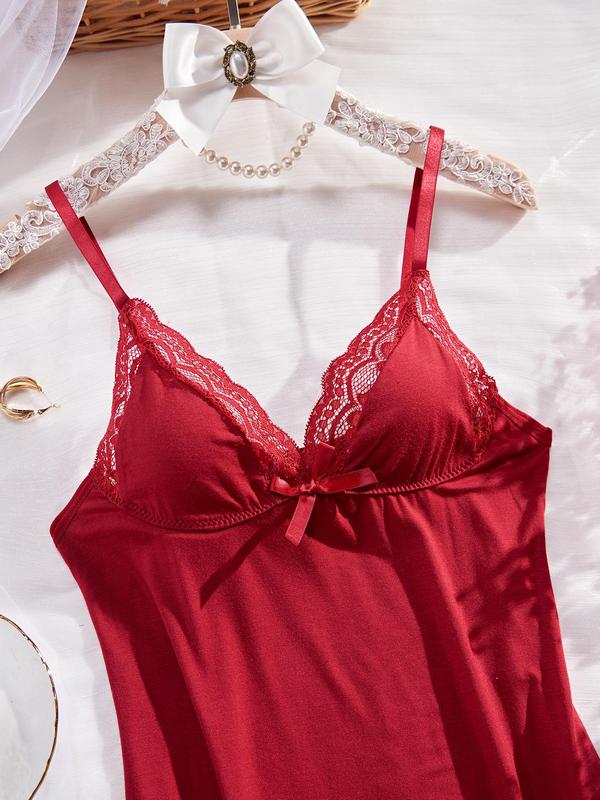 Women's Plain Lace Trim Cami Nightdress, Casual Soft Comfortable Spaghetti Strap Nightgown for All Seasons, Ladies Sleepwear for Indoor Wear