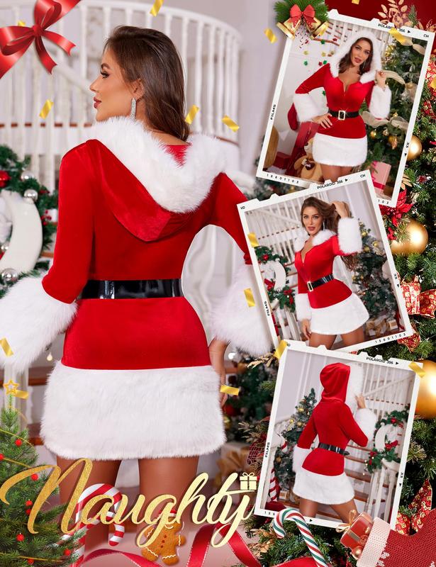 RSLOVE  Women's Mrs. Santa Claus Costume Hooded Long Dress Christmas Outfit for Cosplay Xmas Par