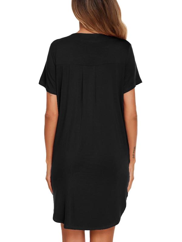 Women's Plain Button Pocket V Neck Nightdress, Casual Short Sleeve Nightgown for Summer, Soft Comfy Sleepwear for Women