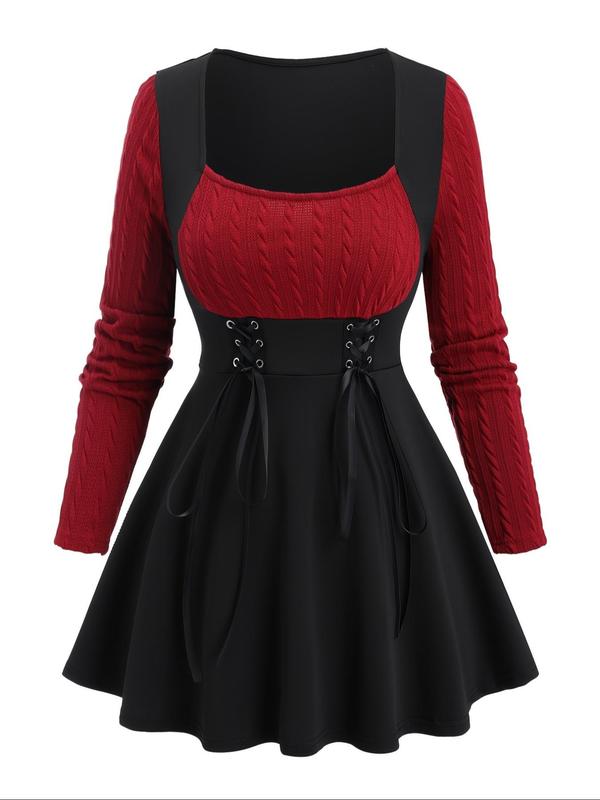  Colorblock Scoop Neck Ribbed Sweater Dress, Casual Long Sleeve Dress for Fall & Winter, Women's Clothes for Daily Wear