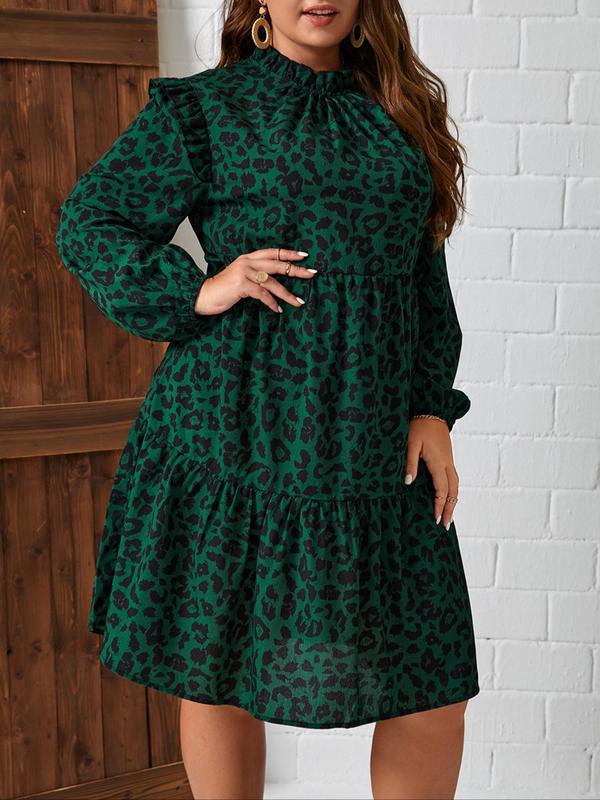  Leopard Print Bishop Sleeve Smock Dress, Elegant Long Sleeve Stand Collar Dress for Women, Women Clothing for Fall & Winter