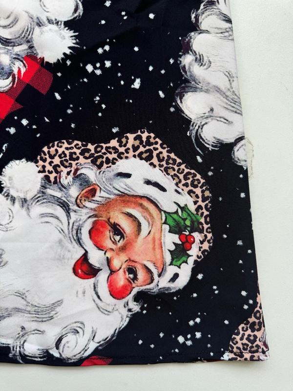 Women's Christmas Santa Claus Patchwork Print Bow Decor Scallop Trim A Line Dress, Casual V Neck Zipper Long Sleeve Dress for Party Holiday, Ladies Spring & Fall Clothes