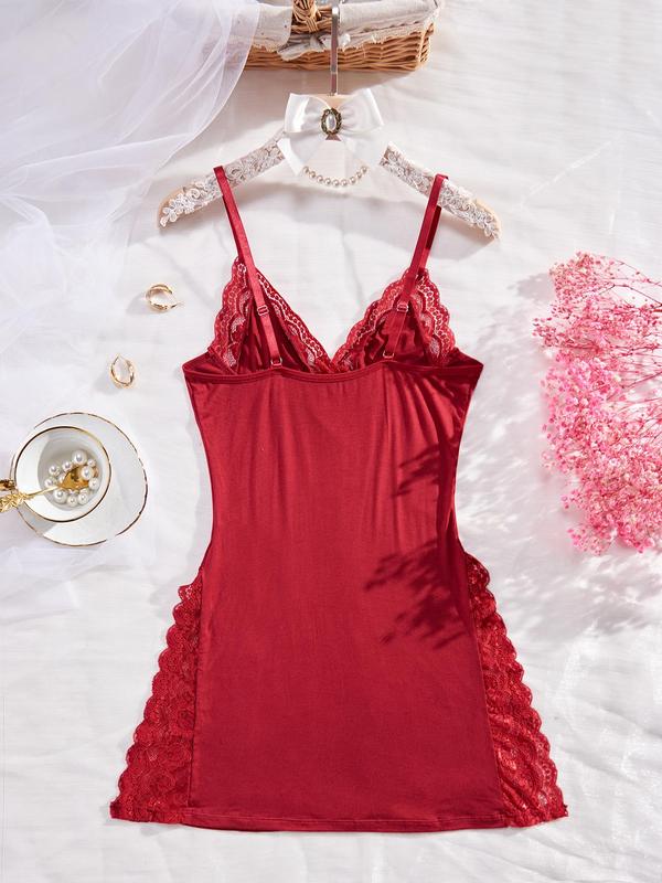 Women's Plain Lace Trim Cami Nightdress, Casual Soft Comfortable Spaghetti Strap Nightgown for All Seasons, Ladies Sleepwear for Indoor Wear