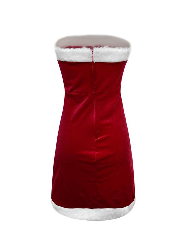 Women's Christmas Contrast Binding Pom Pom Decor Ruched Sexy Costumes Set, Cute Hat & Choker & Sleeves & Tube Dress, Women's Sexy Costume Set for Party Holiday